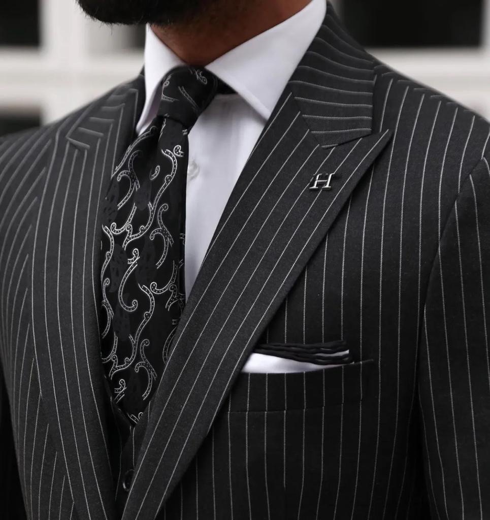 Stratford Slim Fit All Black Pinstripe Men's Three Piece Suit With Peak ...