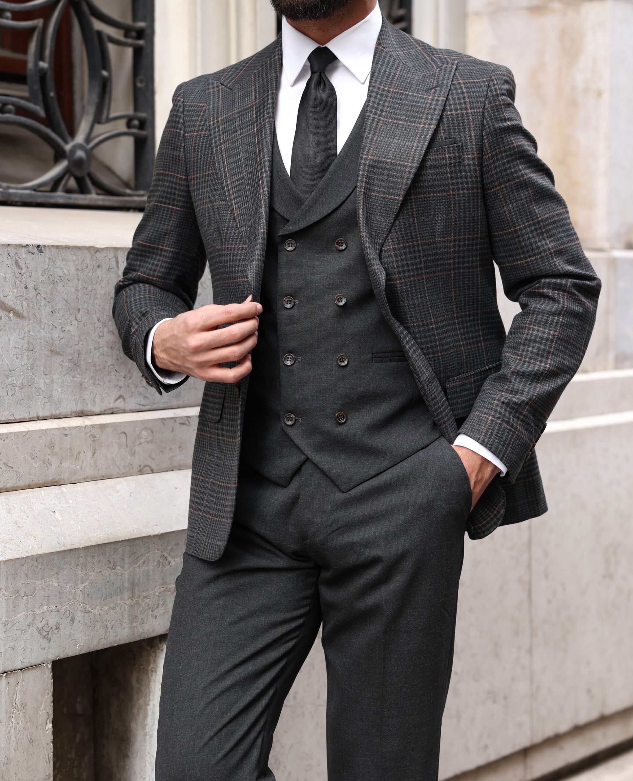 Consort Road Slim Fit Light Charcoal Chequered Mixed Three Piece Suit ...
