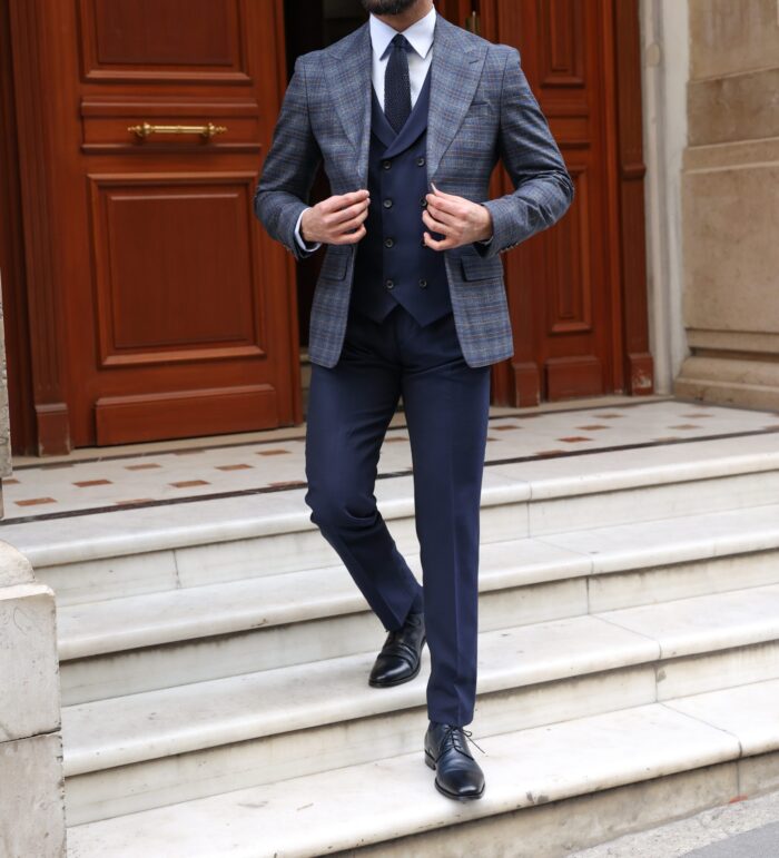 County Street Slim fit dark blue chequered mixed three piece suit with a double breasted waistcoat and peak lapels