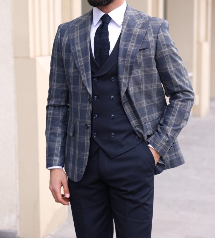 Darling Road Slim fit light navy blue chequered mixed three piece suit with a double breasted waistcoat and peak lapels