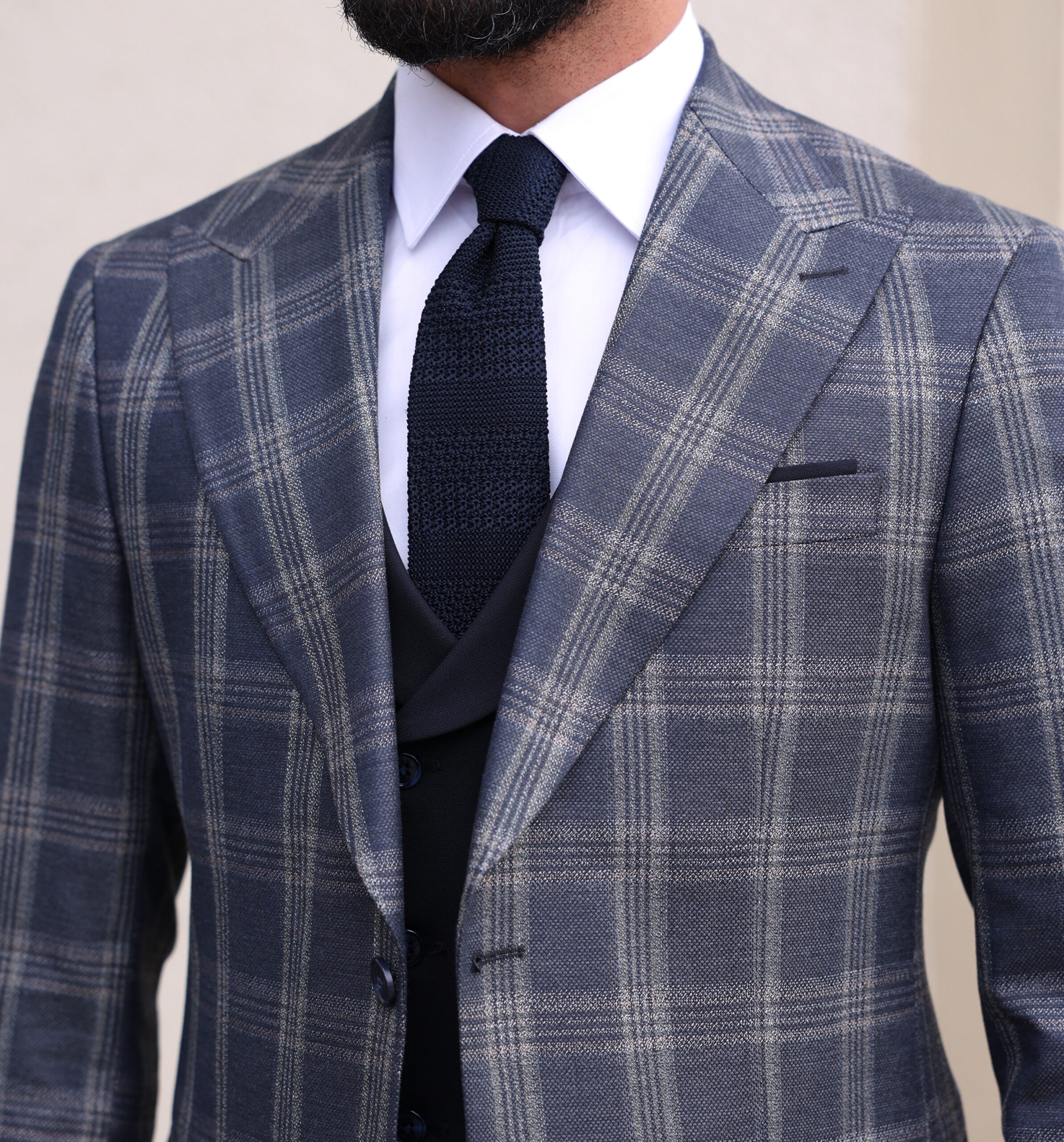 Darling Road Slim Fit Light Navy Blue Chequered Mixed Three Piece Suit ...