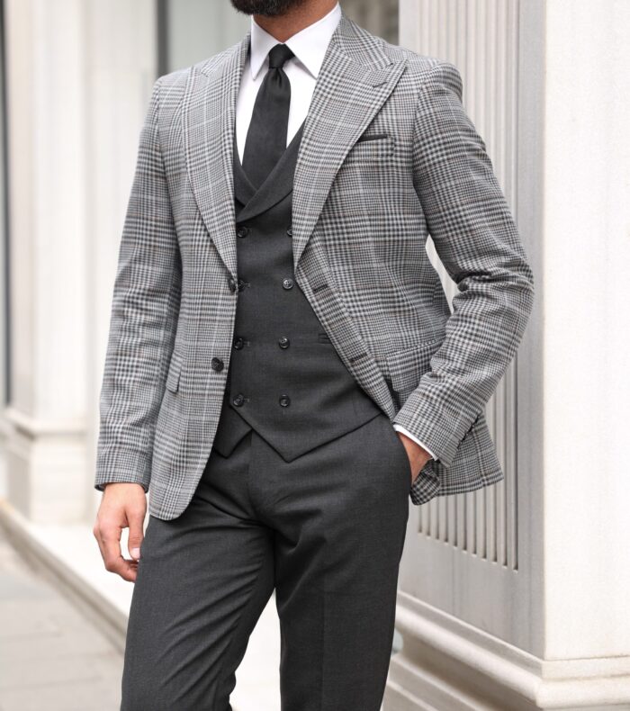 Deal Street Slim fit light grey and charcoal chequered mixed three piece suit with a double breasted waistcoat and peak lapels