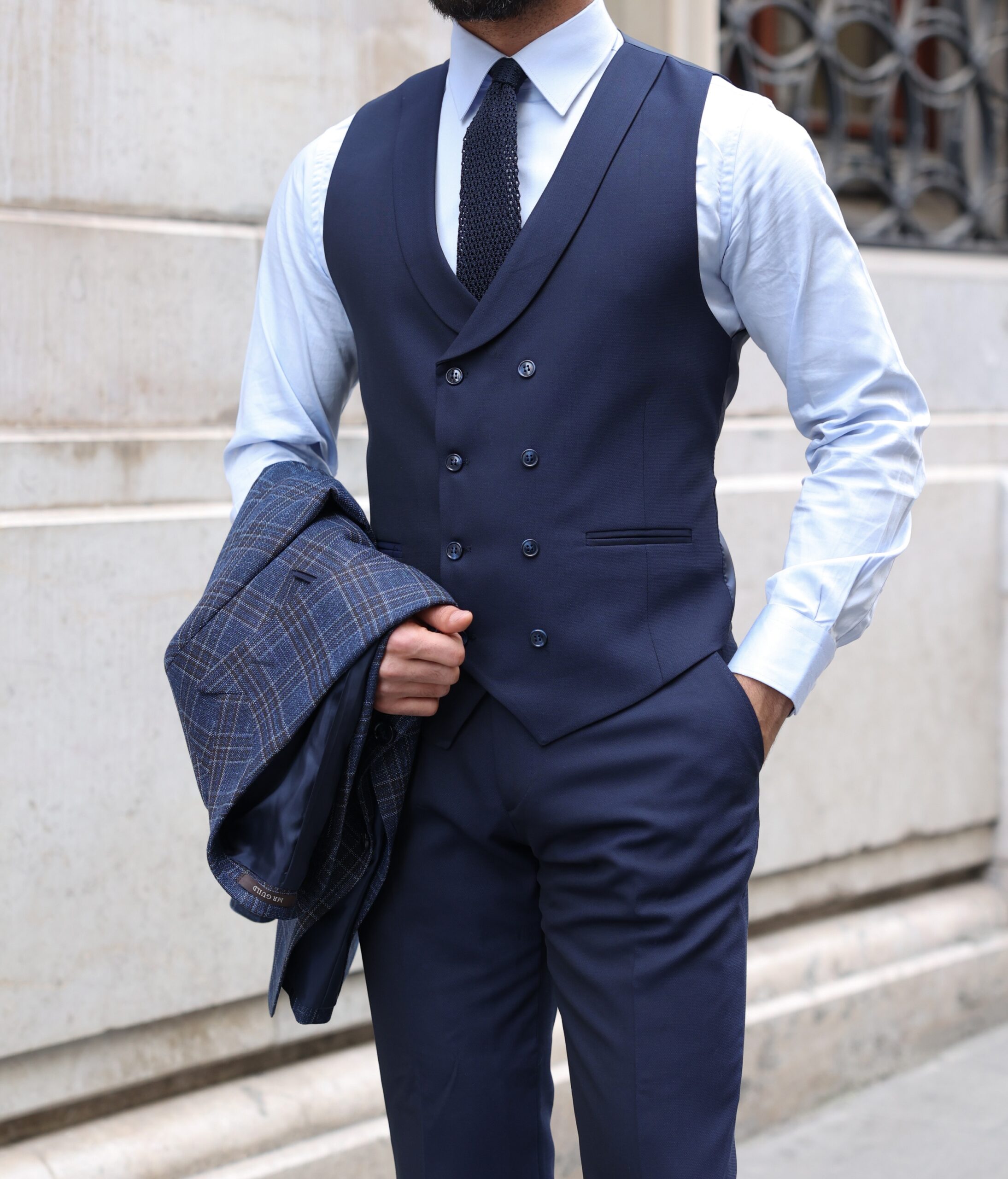 Fairbairn Road Slim Fit Dark Blue Chequered Mixed Three Piece Suit With ...