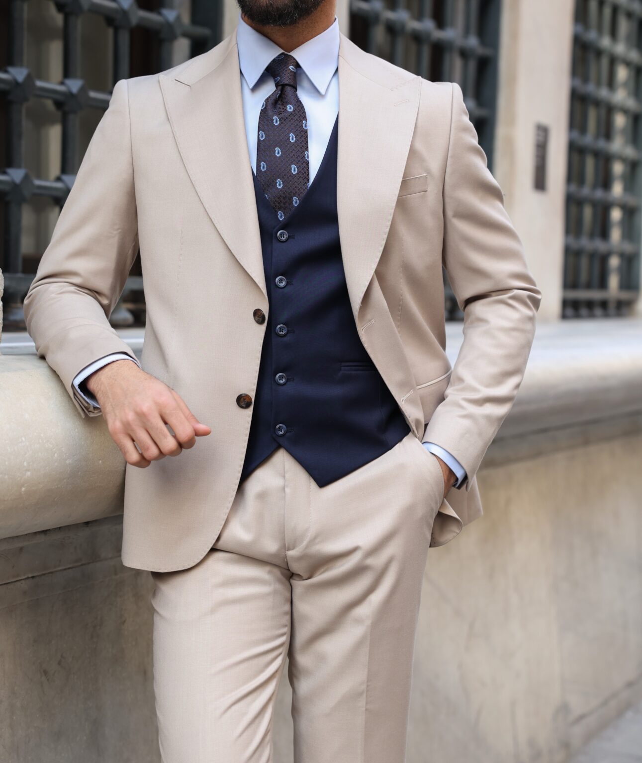 Harecourt Road Slim Fit Cream And Navy Mixed Three Piece Suit With Peak ...