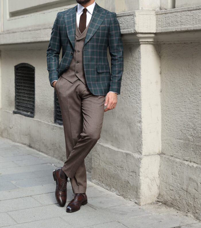 Herald Street Slim fit forest green and mocha chequered mixed three piece suit with a double breasted waistcoat and peak lapels