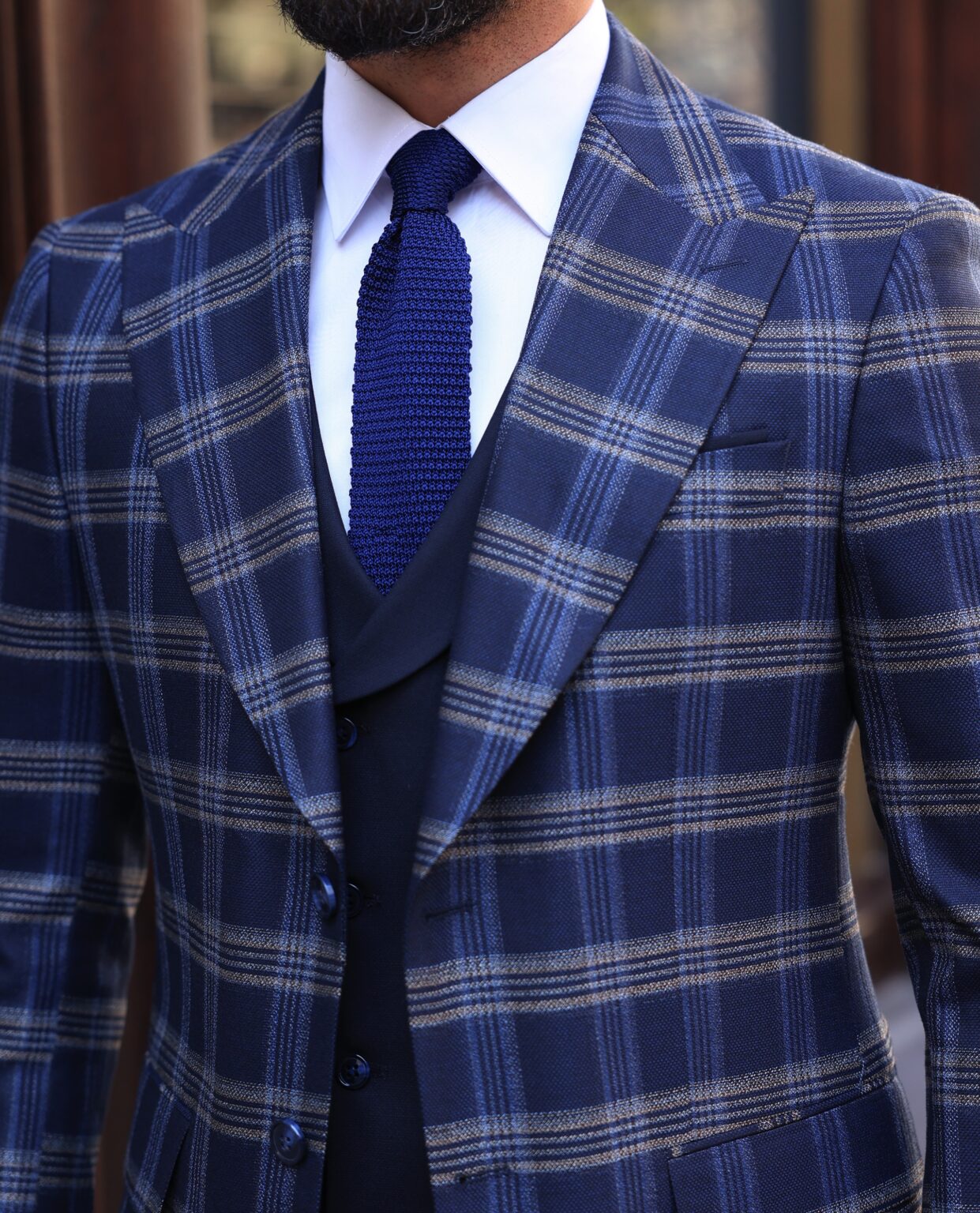Keyse Road Slim Fit Dark Blue Chequered Mixed Three Piece Suit With A ...