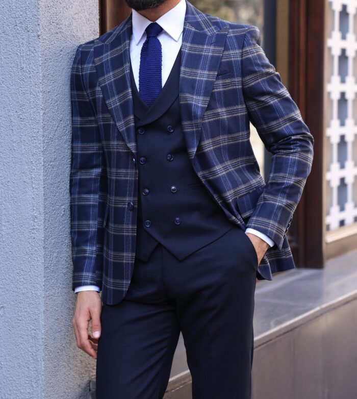 Keyse Road Slim Fit Dark Blue Chequered Mixed Three Piece Suit With A ...