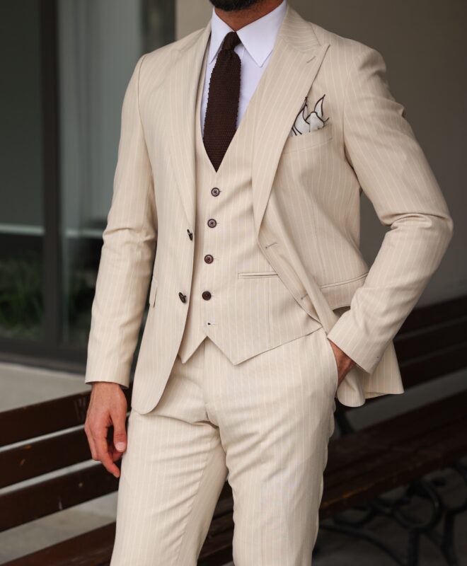 Batten Street Slim Fit All Cream Pinstriped Men’s Three Piece Suit With ...