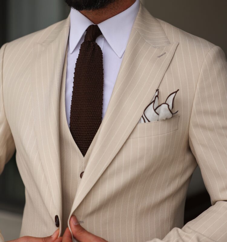 Batten Street Slim Fit All Cream Pinstriped Men’s Three Piece Suit With ...