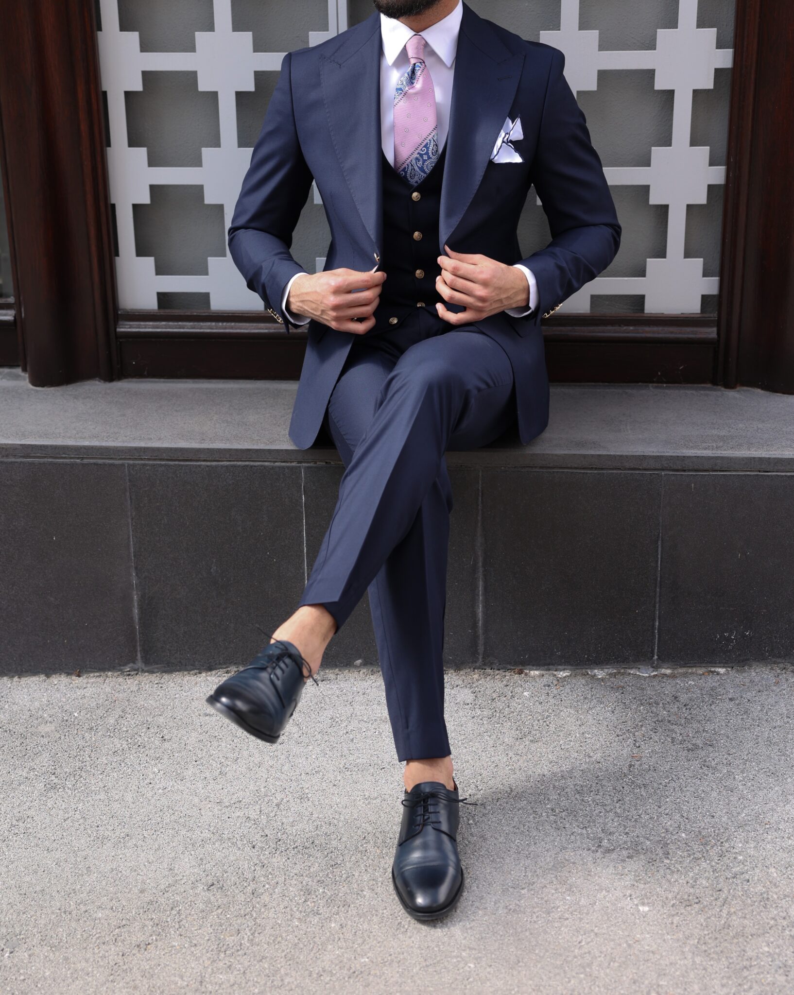 Clifton Villas Slim Fit Dark Blue Men’s Three Piece Suit With ...