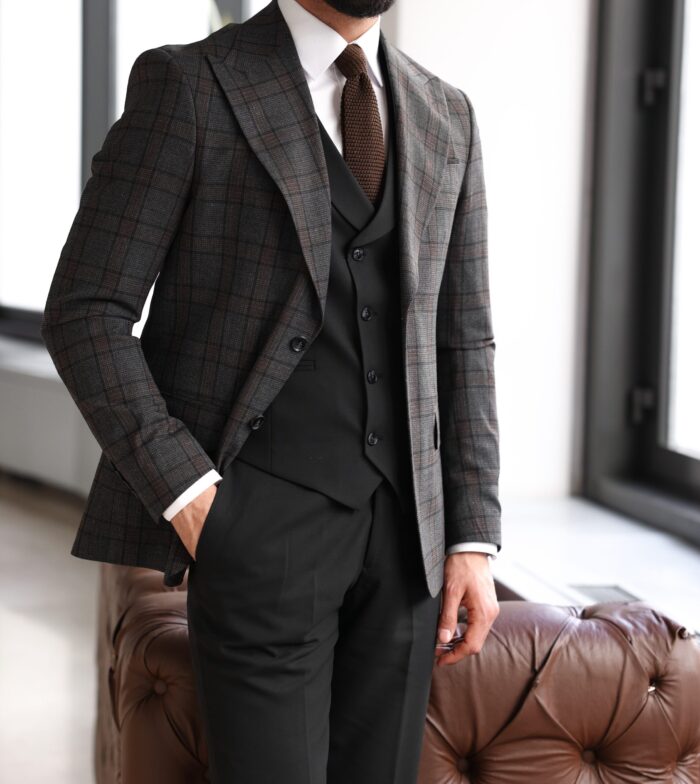 Deancross Street Slim fit charcoal grey checked mixed three piece suit with a double breasted waistcoat and peak lapels