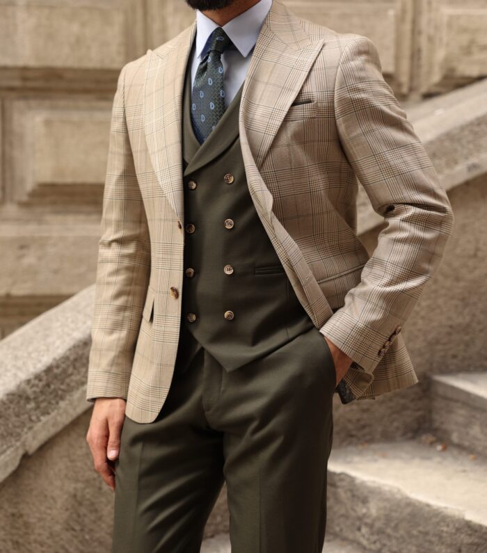 Fonthill road Slim fit cream and khaki mixed men's three piece suit with a double breasted waistcoat peak lapels