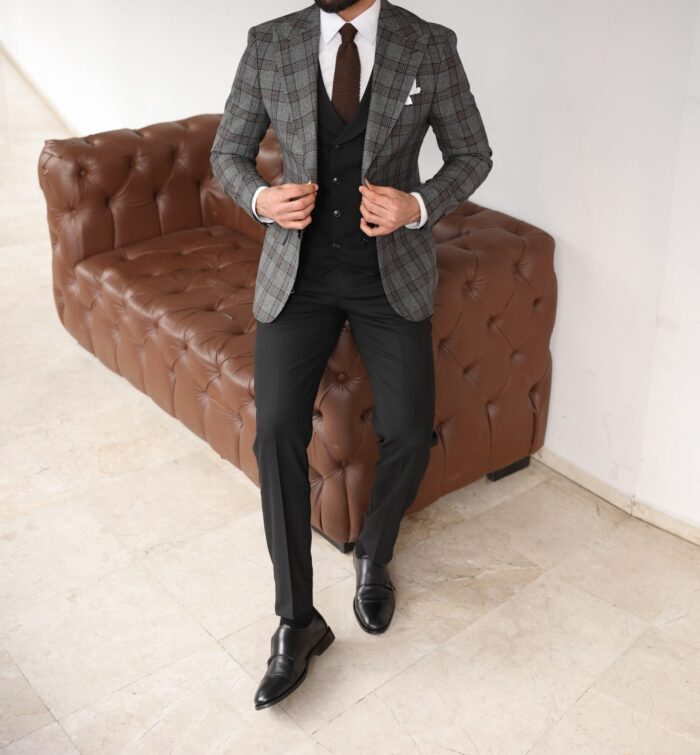 Garratt Lane Slim fit light grey and black chequered mixed three piece suit with a double breasted waistcoat and peak lapels