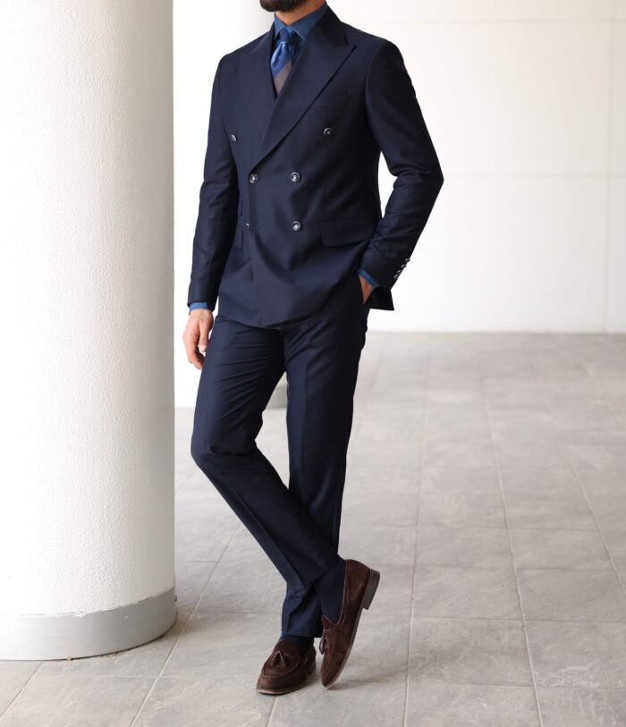 Grangewood Road Tailored slim fit dark blue double breasted men's suit with peak lapels