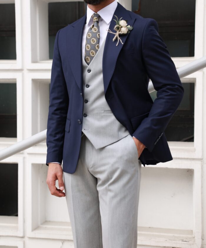 Penley Court Slim fit grey and navy mixed three piece suit with peak lapels