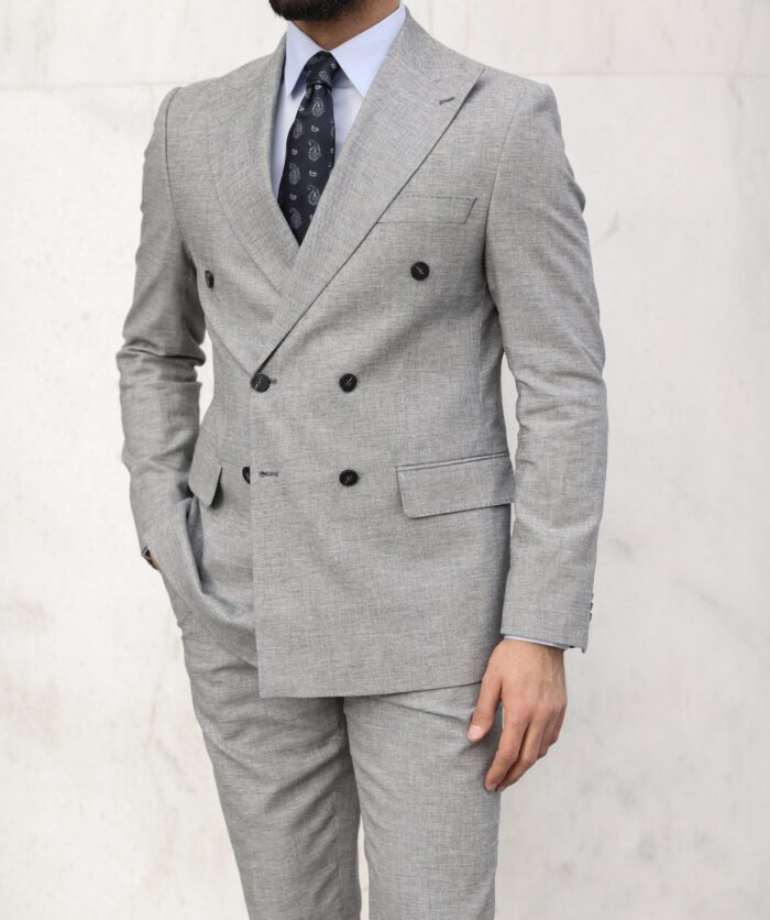 Redruth Road Slim fit light grey double breasted men's two piece suit with peak lapels