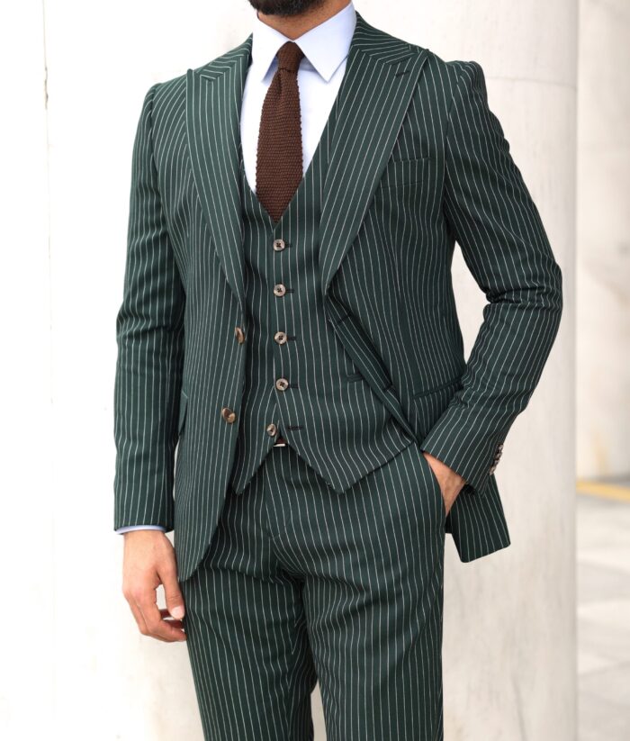 Rossendale Street Slim fit emerald green pinstriped men's three piece suit with peak lapels