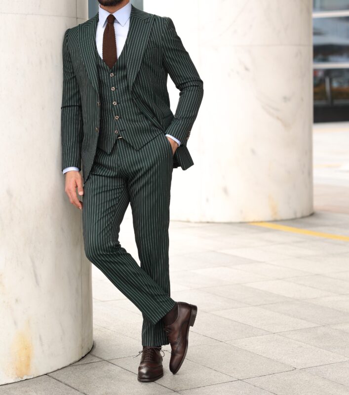 Rossendale Street Slim Fit Emerald Green Pinstriped Men's Three Piece ...