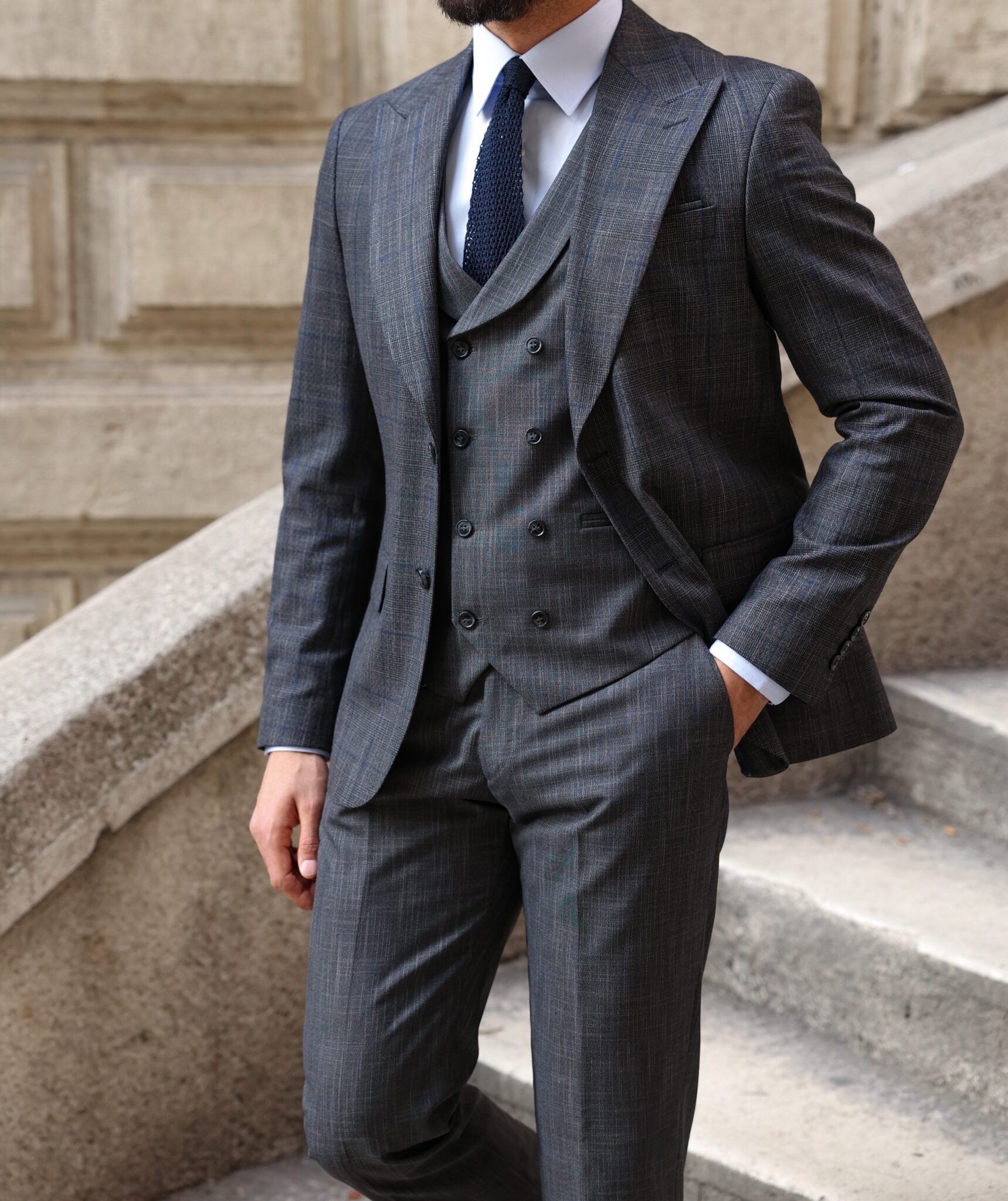 Stepping Road Slim Fit Charcoal Grey Mens Three Piece Suit With A Double Breasted Waistcoat 