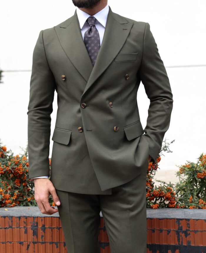 Worgan Street Slim fit forest green double breasted men's two piece suit with peak lapels
