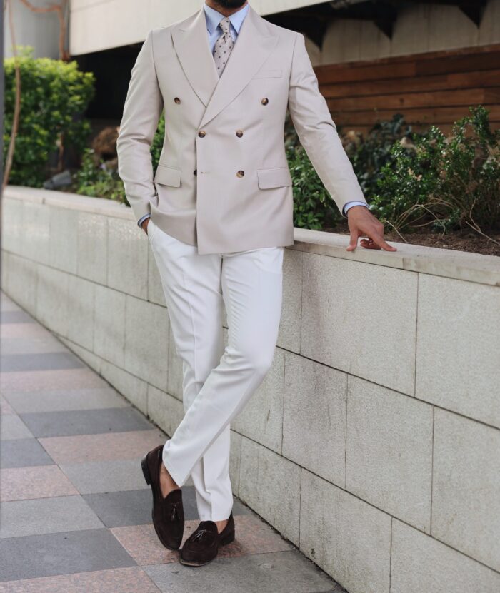 Cundy Street Tailored slim fit cream and white double breasted mix combined suit with peak lapels