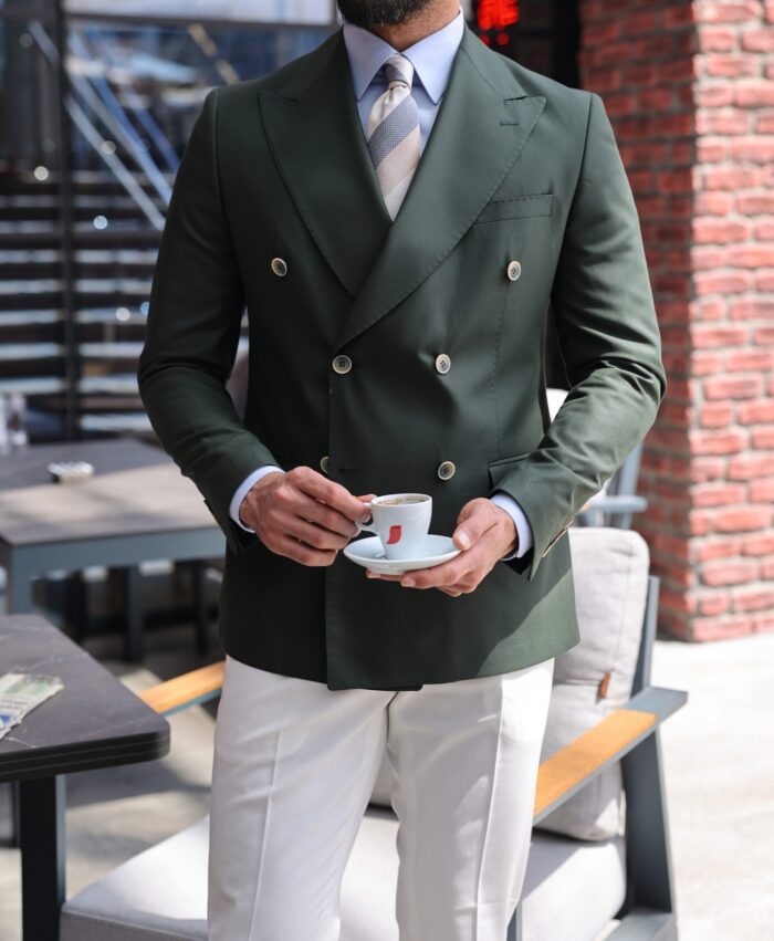 Dagnall Street Tailored slim fit  double breasted emerald green and white mix combined men's suit with peak lapels