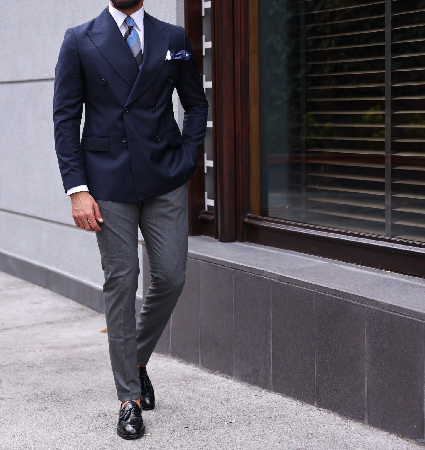 Glegg Place Tailored Slim Fit Dark Blue And Grey Mixed Combined Double ...