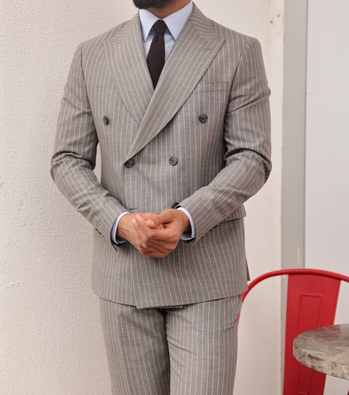 Goswell Road Tailored slim fit mocha pinstripe double breasted two piece suit with peak lapels