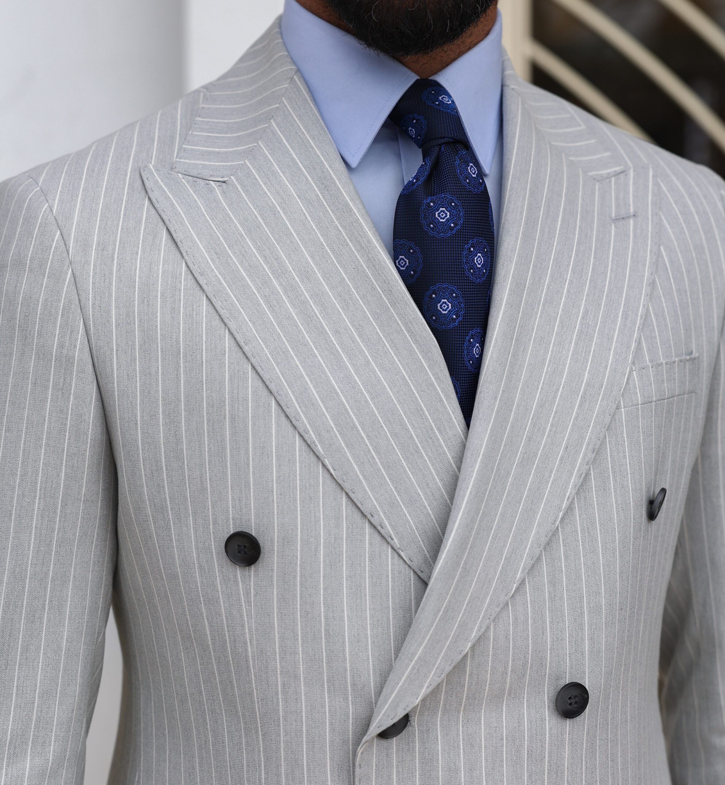 Bespoke Light Grey Double Stripe Double Breasted Suit