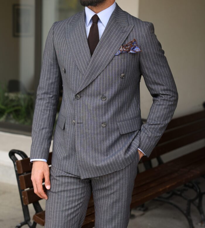 Heath Lane Tailored slim fit light grey pinstripe double breasted two piece suit with peak lapels