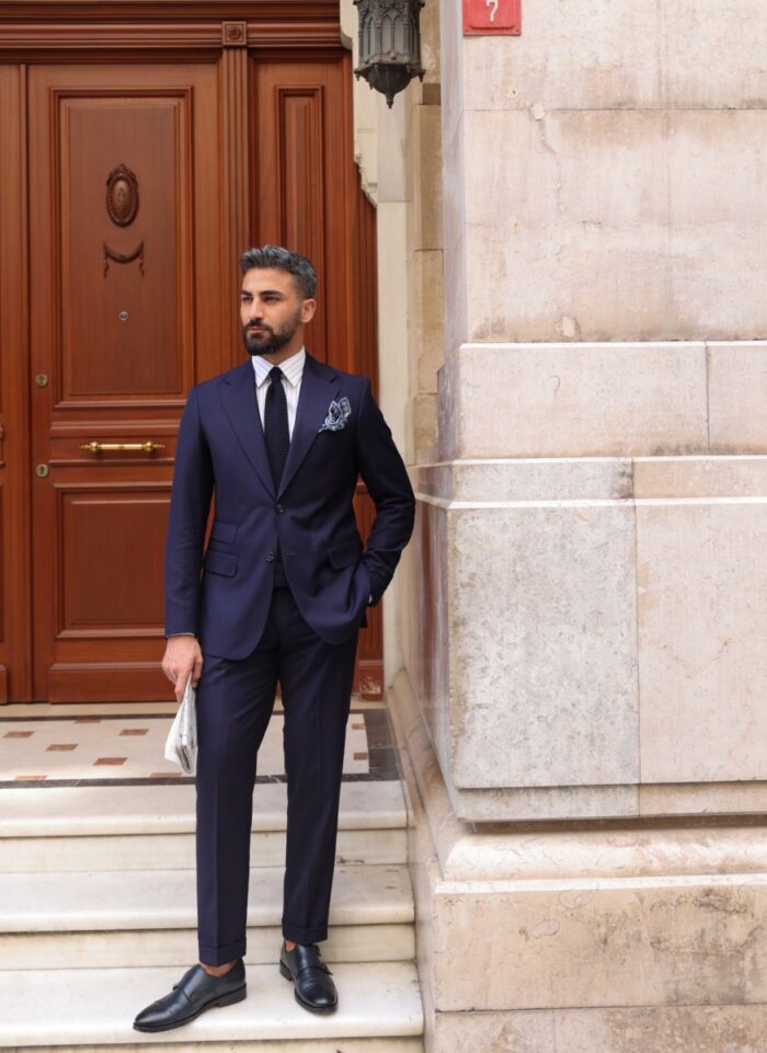 Aske Street Tailored slim fit dark blue men's two piece suit with peak lapels