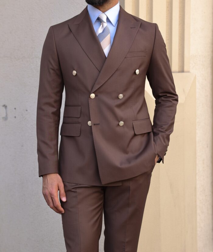 Dagmar Road Tailored slim fit mocha brown double breasted men's suit with decorative gold buttons and peak lapels