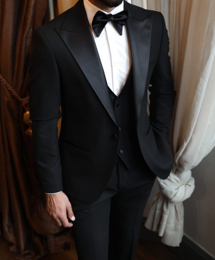 Christopher Tailored slim fit all black men's tuxedo with satin peak lapels