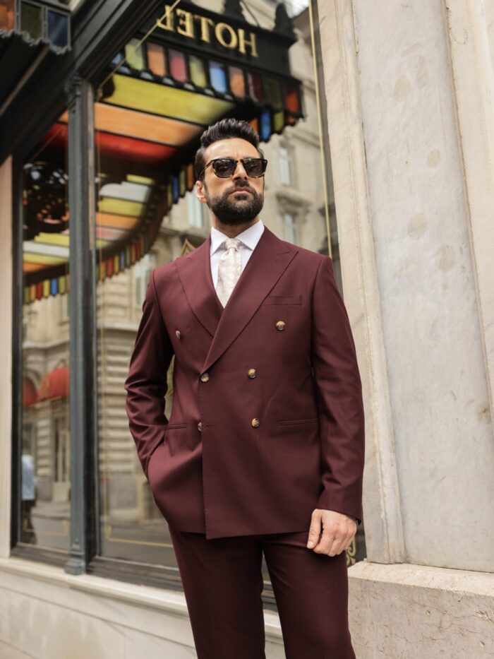 Crace Street Tailored slim fit burgundy double breasted men's suit with peak lapels