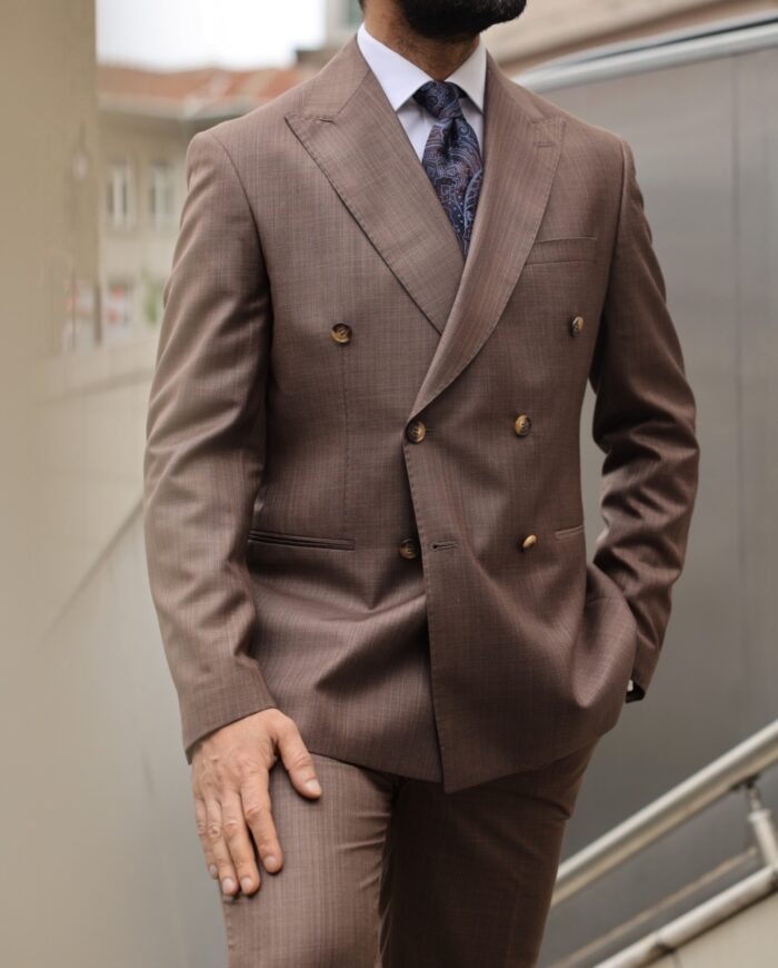 Denne Terrace Tailored slim fit mocha bronze double breasted men's suit with peak lapels