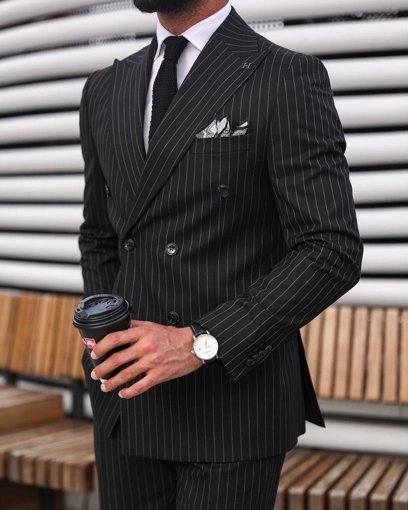 Men's Striped Suit Blue Pinstripe Tailored Fit Formal Double-breasted Party  Suit