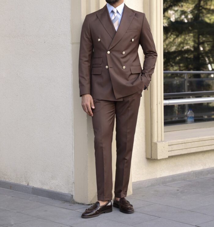 Dagmar Road Tailored slim fit mocha brown double breasted men's suit with decorative gold buttons and peak lapels