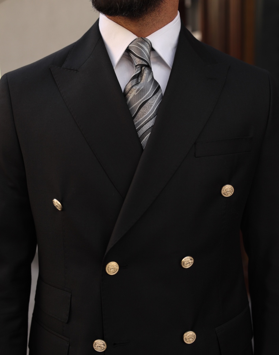 Cheap Black Trim Fit Mens Suit Set Gold Peaked Lapel One Button