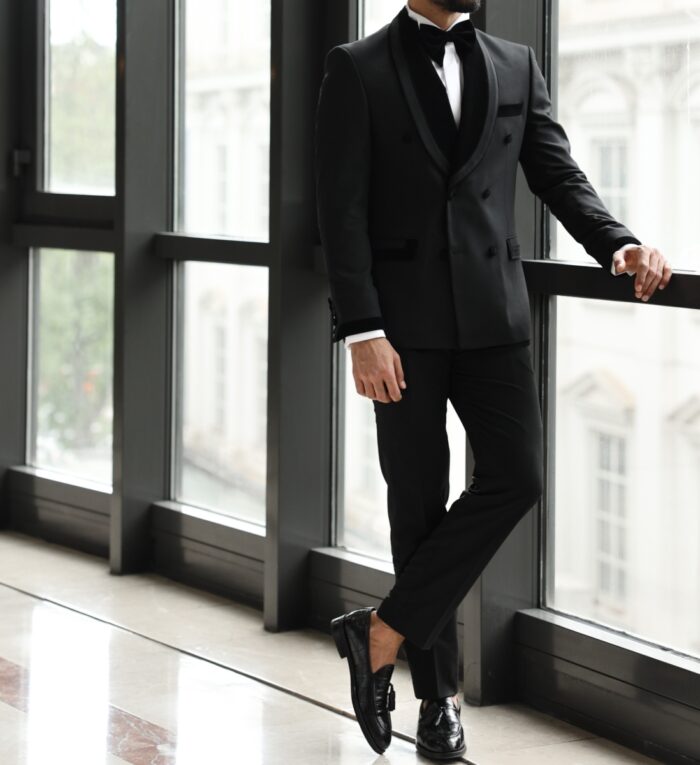 Matthew Tailored slim fit all black double breasted men's tuxedo with velvet lapels