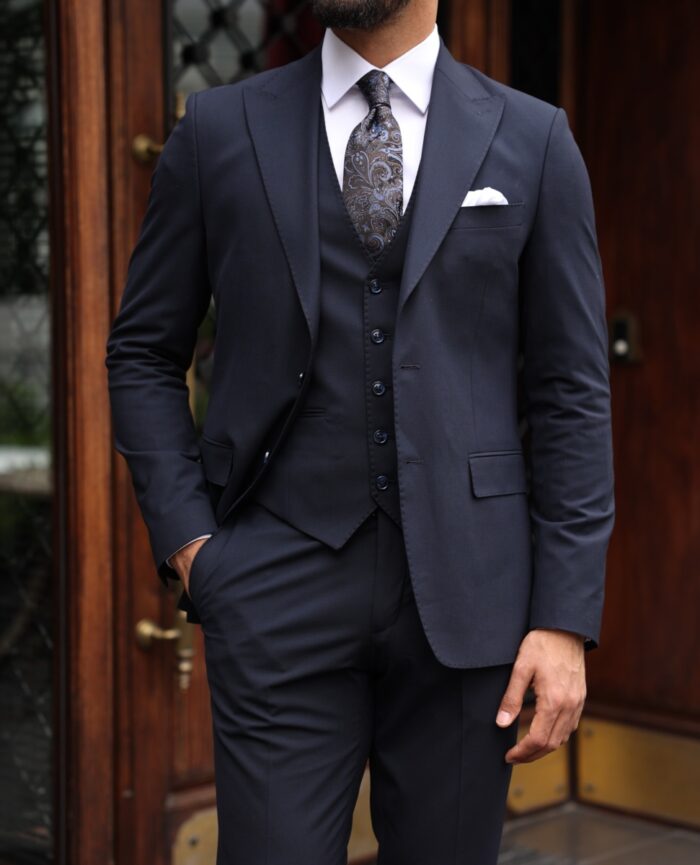 Summerville Close Tailored slim fit dark blue men's three piece suit with peak lapels