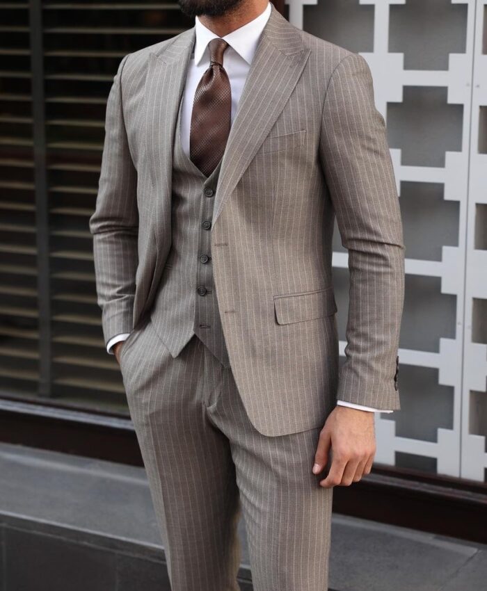 Frances Street Tailored slim fit mocha pinstripe men's three piece suit with peak lapels