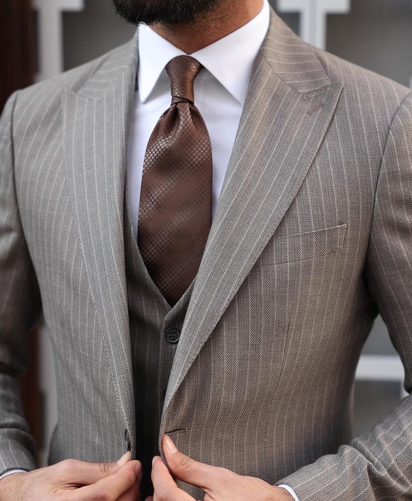 Frances Street Tailored Slim Fit Mocha Pinstripe Men's Three Piece Suit ...