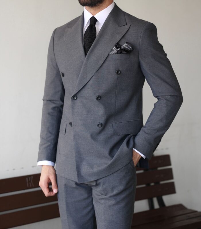 Glebe Road Tailored slim fit stone grey double breasted men's suit with peak lapels