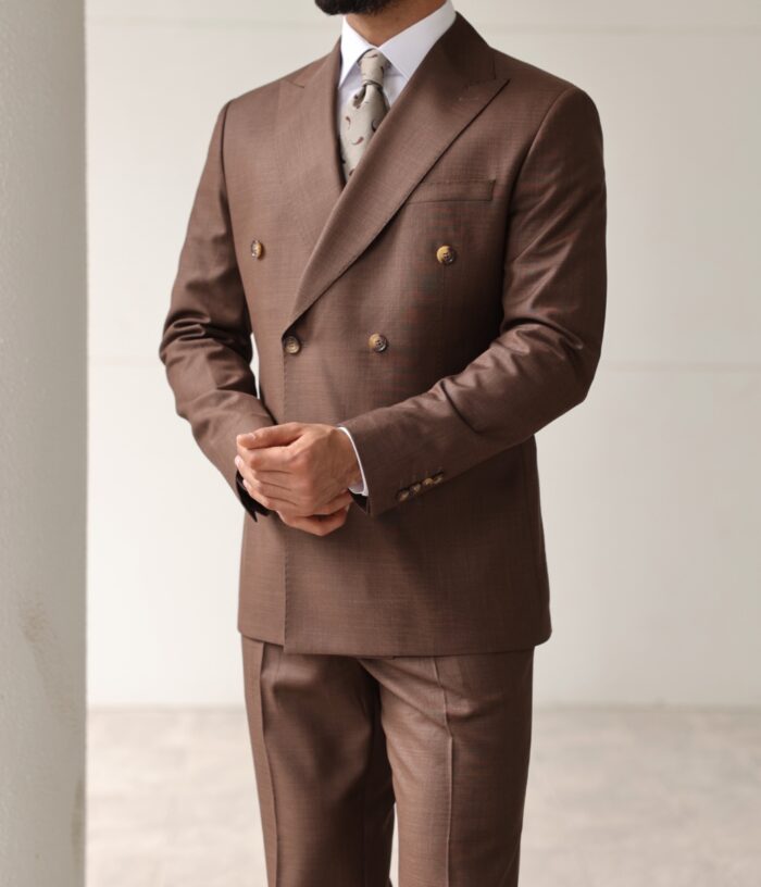 Dilayla’s Palace Tailored slim fit latte brown double breasted men's suit with peak lapels