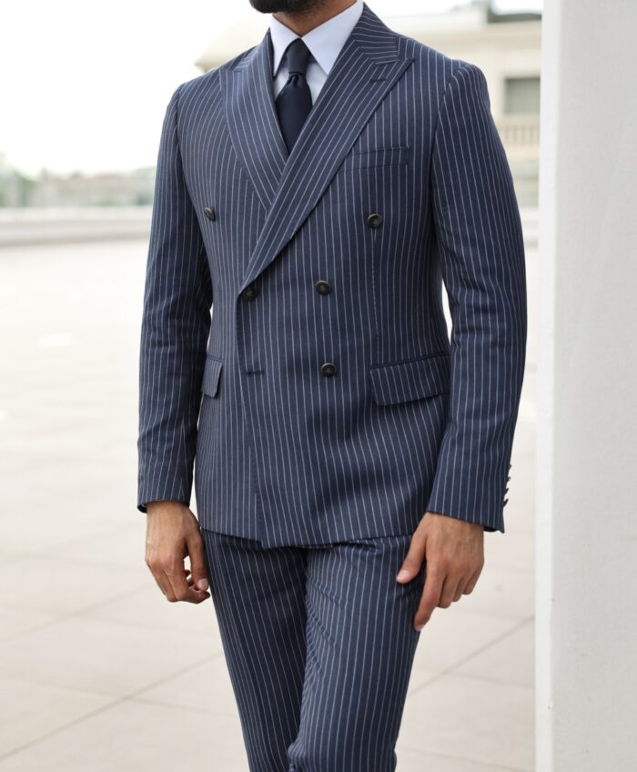 Inside Lane Tailored slim fit navy blue pinstripe double breasted men's suit with peak lapels