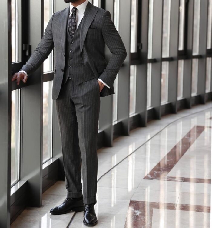 Powis Road Tailored slim fit dark grey pinstripe men's three piece suit with peak lapels