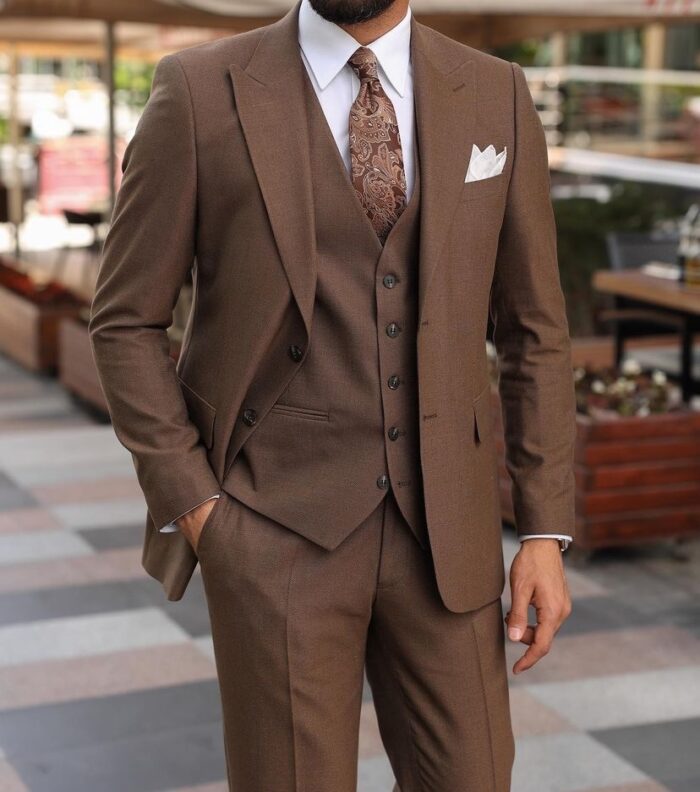 Ship Alley Tailored slim fit light brown men's three piece suit with peak lapels