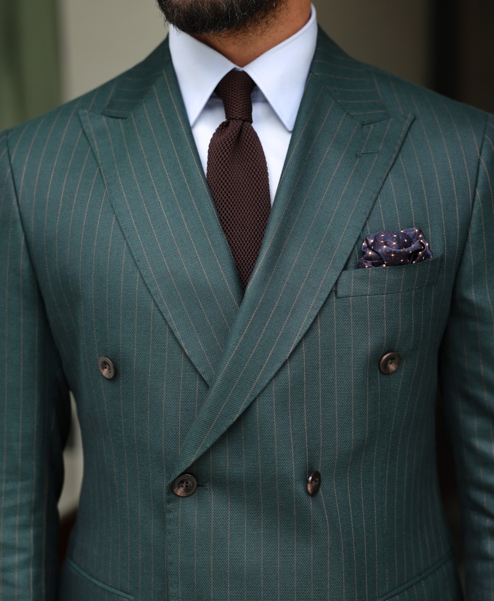 Olive Green Pinstripe Suit – StudioSuits