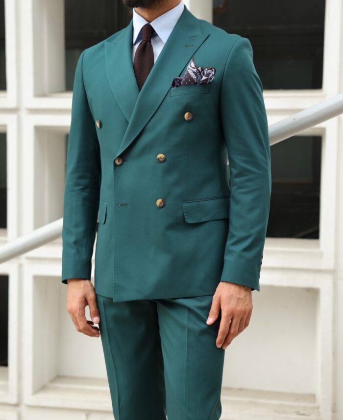 Yardley Street Tailored slim fit pine green double breasted men's suit with and peak lapels