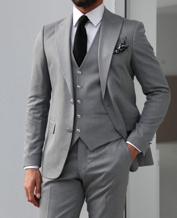 Sanders Close Slim fit mid grey men’s three piece suit with peak lapels  and with decorative silver buttons